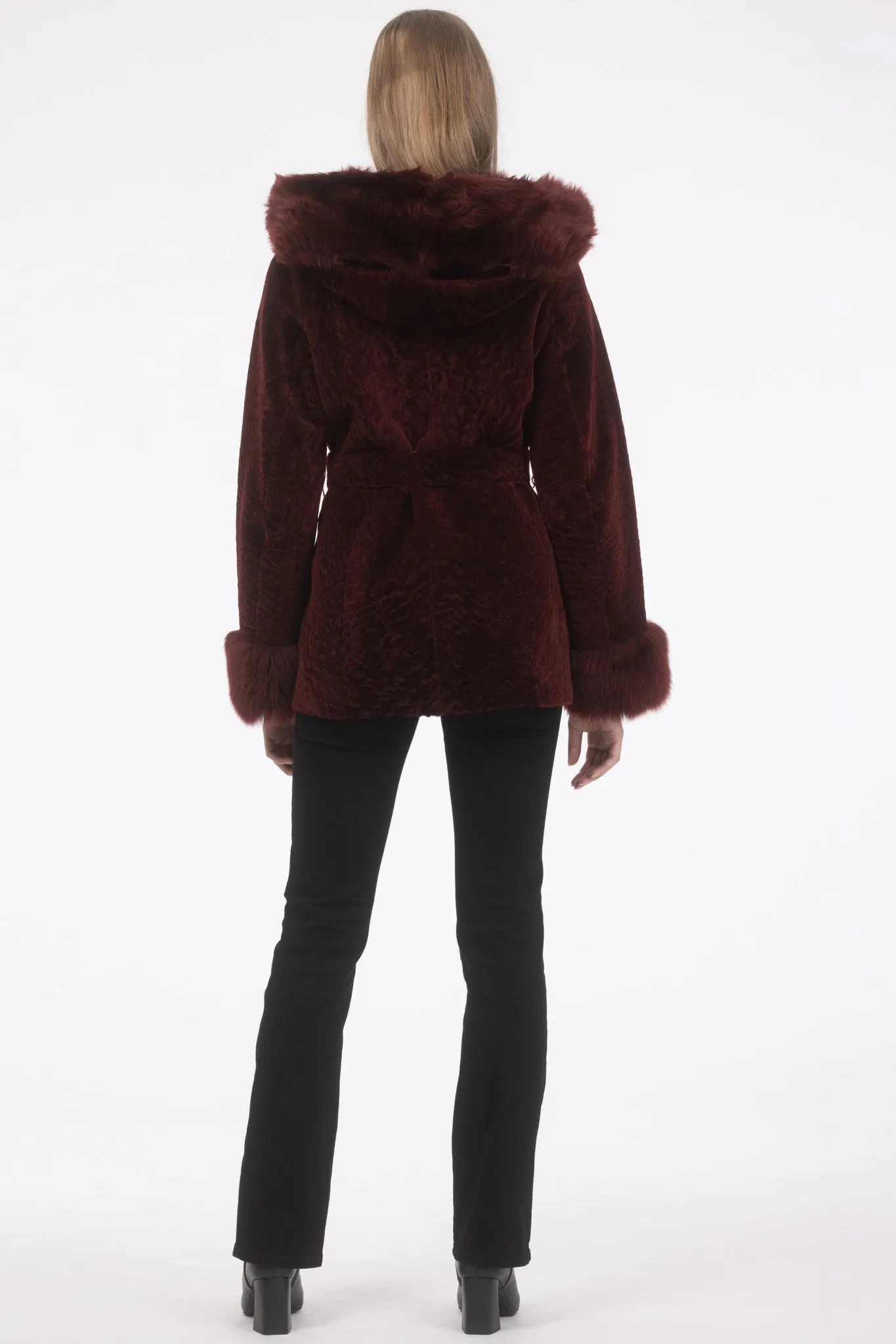 Textured Shearling Lamb Reversible Parka with Merinillo Shearling Lamb Hood Trim, Tuxedo, Cuffs & Belt