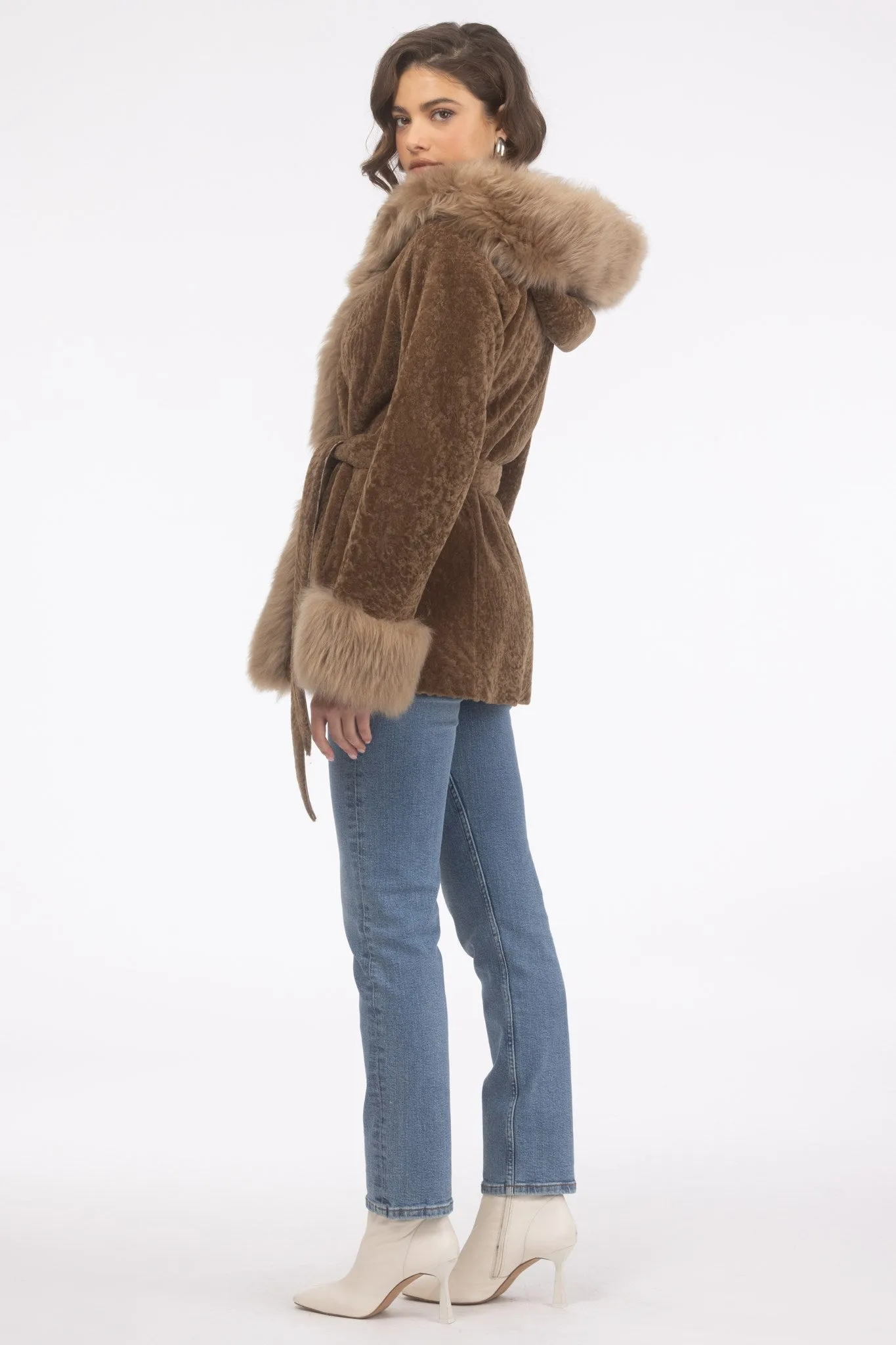 Textured Shearling Lamb Reversible Parka with Merinillo Shearling Lamb Hood Trim, Tuxedo, Cuffs & Belt