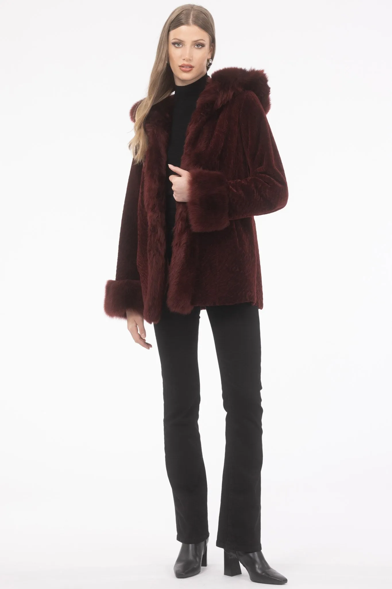 Textured Shearling Lamb Reversible Parka with Merinillo Shearling Lamb Hood Trim, Tuxedo, Cuffs & Belt