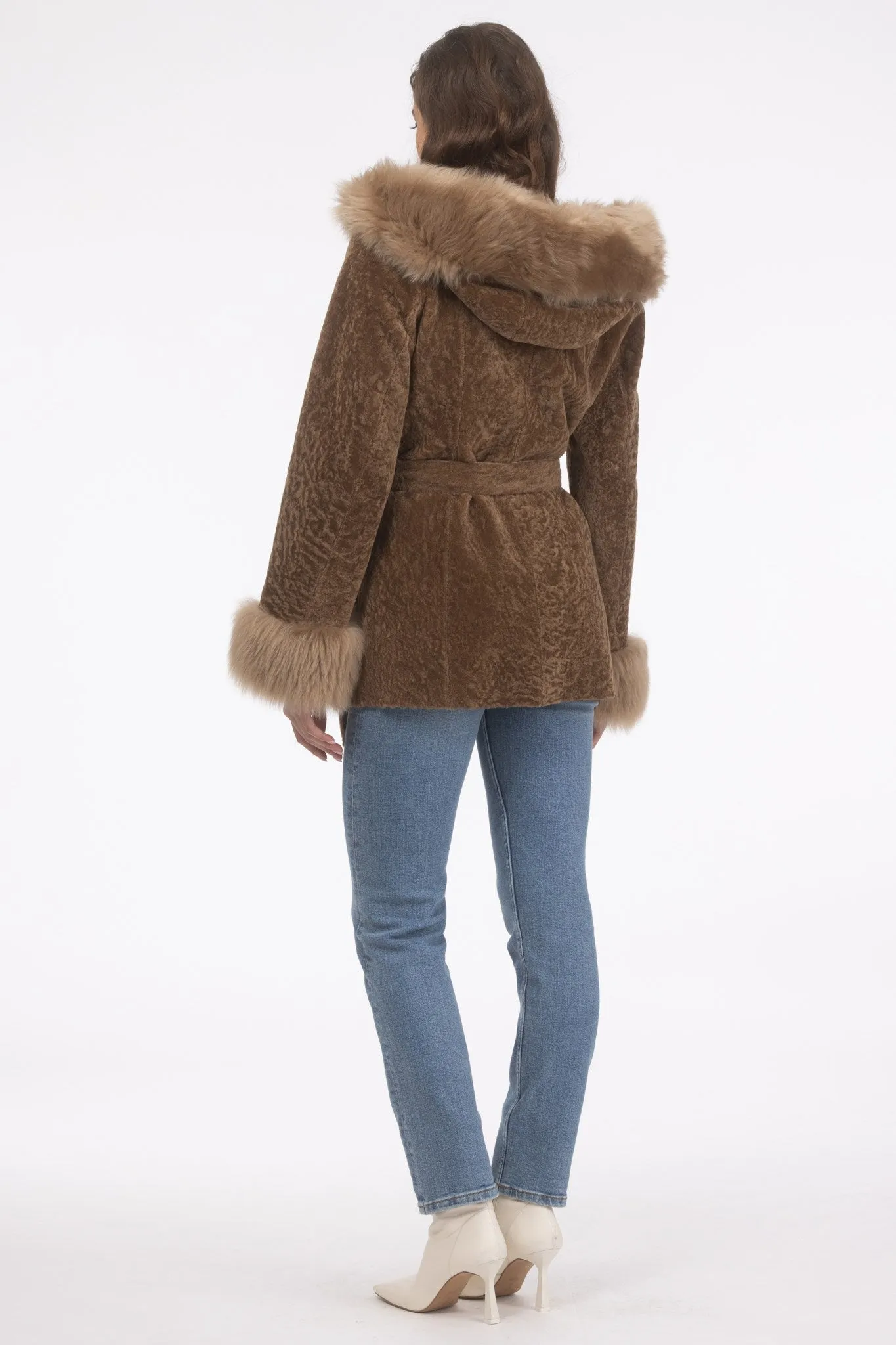 Textured Shearling Lamb Reversible Parka with Merinillo Shearling Lamb Hood Trim, Tuxedo, Cuffs & Belt