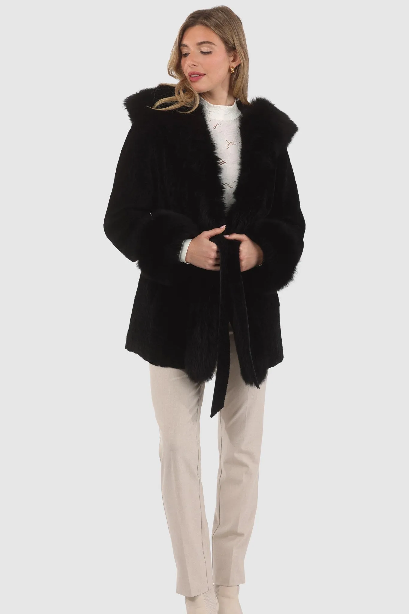 Textured Shearling Lamb Reversible Parka with Merinillo Shearling Lamb Hood Trim, Tuxedo, Cuffs & Belt