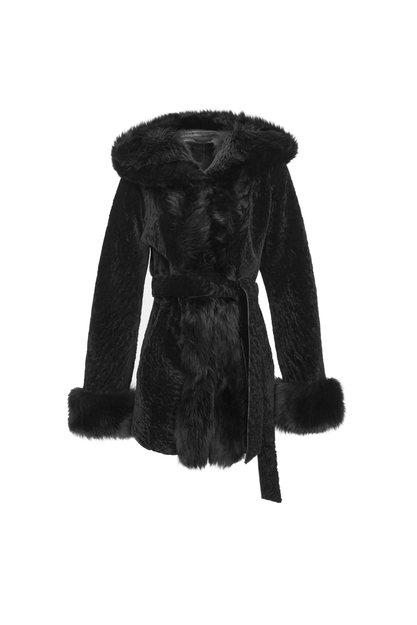 Textured Shearling Lamb Reversible Parka with Merinillo Shearling Lamb Hood Trim, Tuxedo, Cuffs & Belt