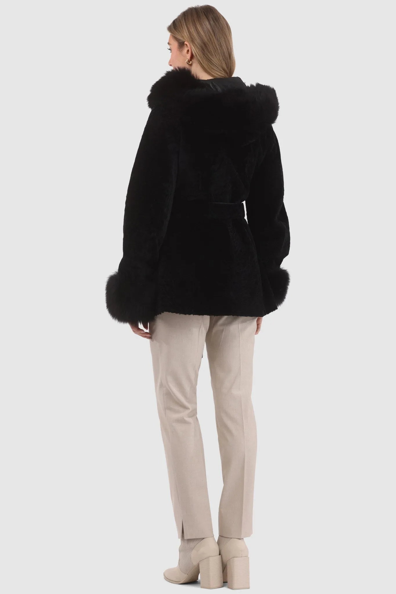 Textured Shearling Lamb Reversible Parka with Merinillo Shearling Lamb Hood Trim, Tuxedo, Cuffs & Belt