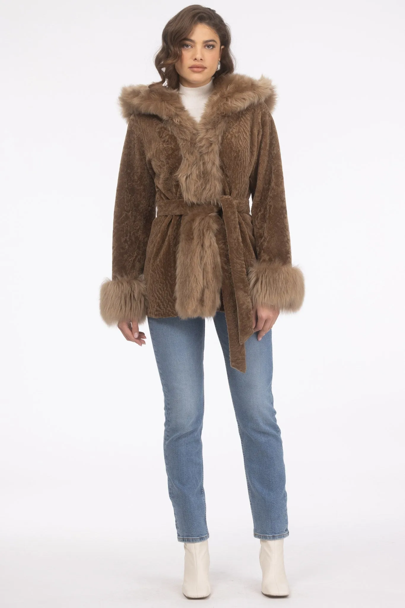 Textured Shearling Lamb Reversible Parka with Merinillo Shearling Lamb Hood Trim, Tuxedo, Cuffs & Belt