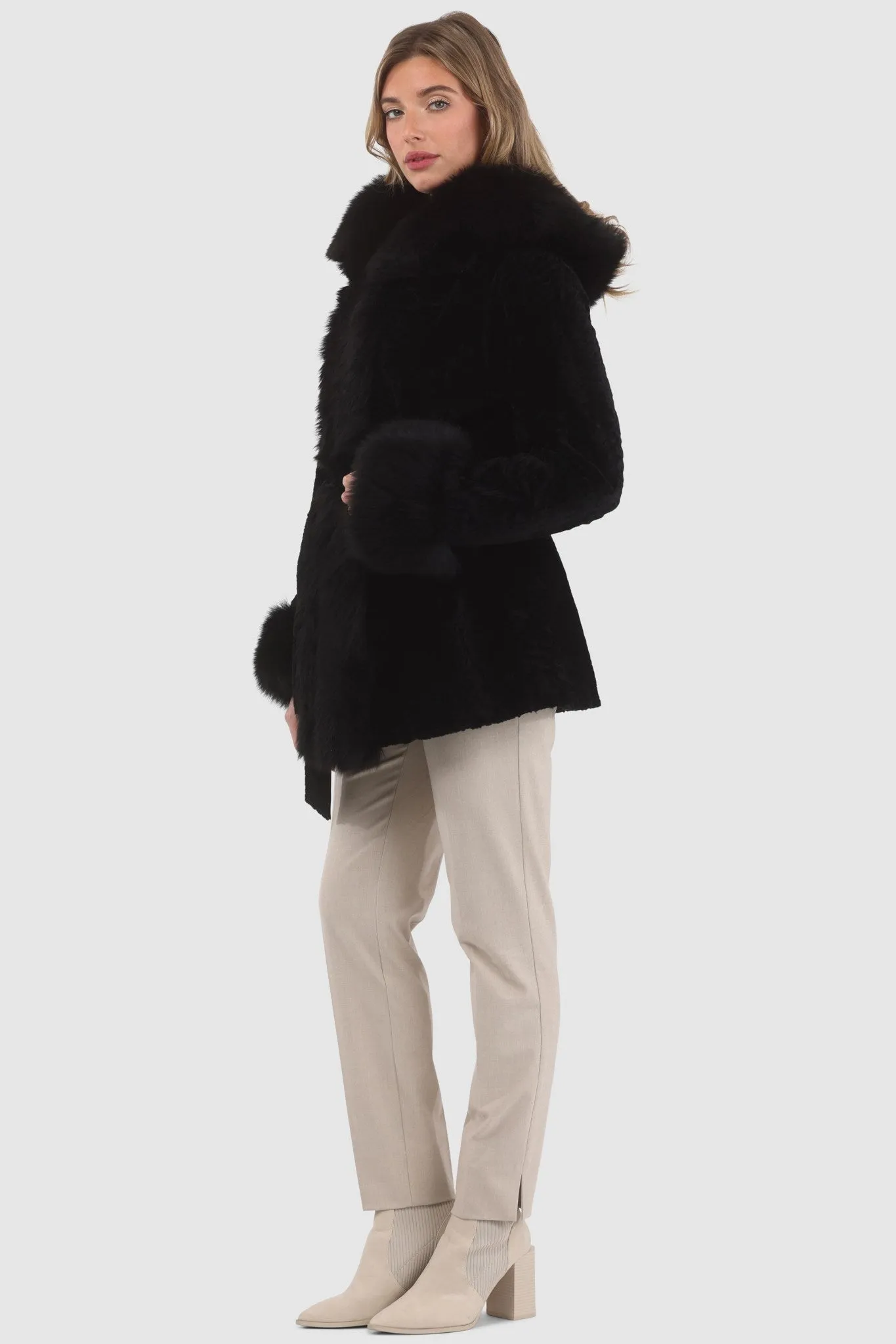 Textured Shearling Lamb Reversible Parka with Merinillo Shearling Lamb Hood Trim, Tuxedo, Cuffs & Belt