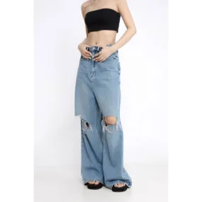 THELIGHT women's light wash jeans torn wide leg straight high waist pants