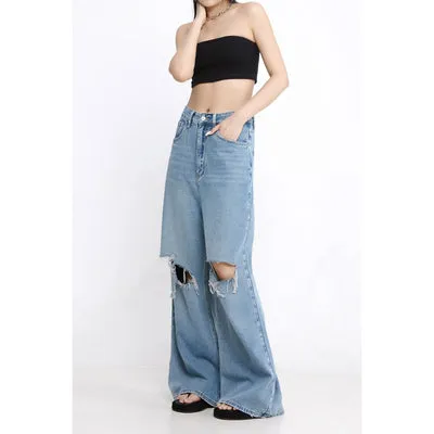 THELIGHT women's light wash jeans torn wide leg straight high waist pants