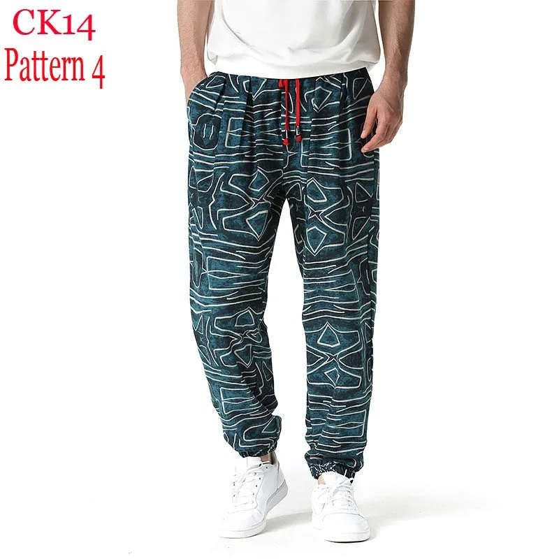 Traditional Nation Print Cotton Linen Joggers for Men yoga Harem Trousers for Men