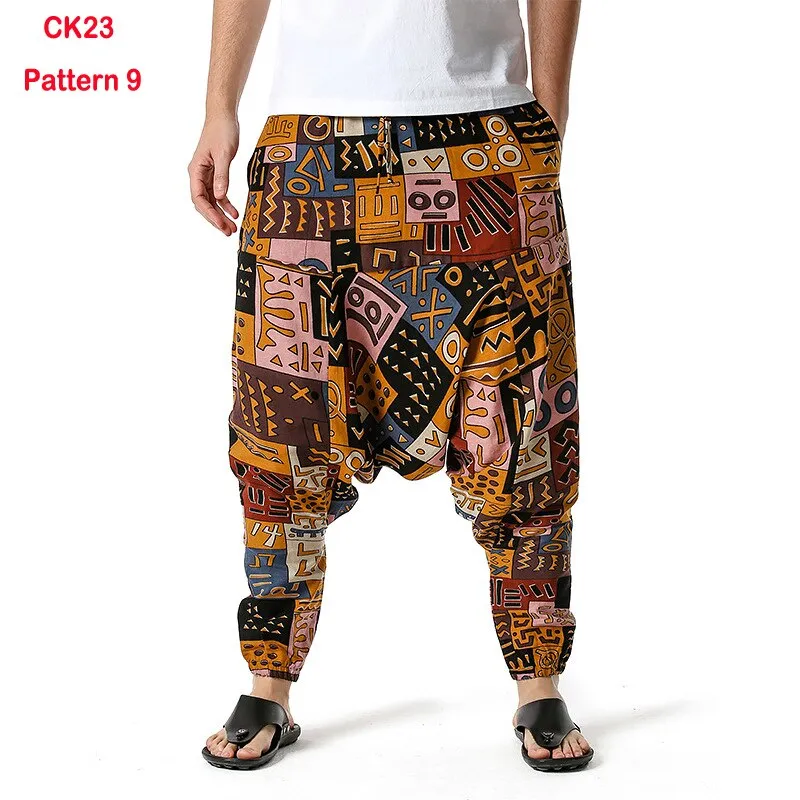 Traditional Nation Print Cotton Linen Joggers for Men yoga Harem Trousers for Men