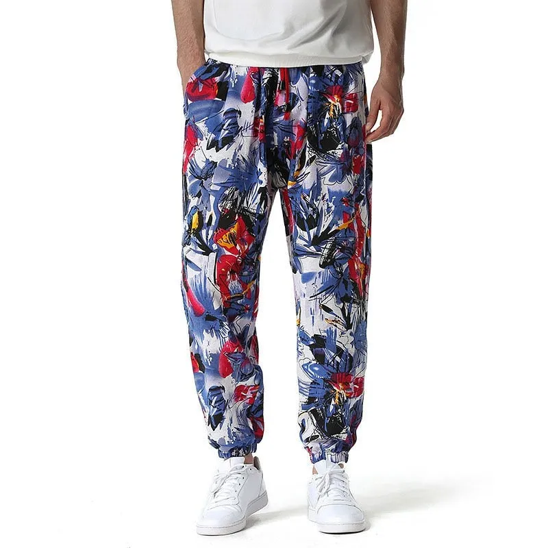 Traditional Nation Print Cotton Linen Joggers for Men yoga Harem Trousers for Men