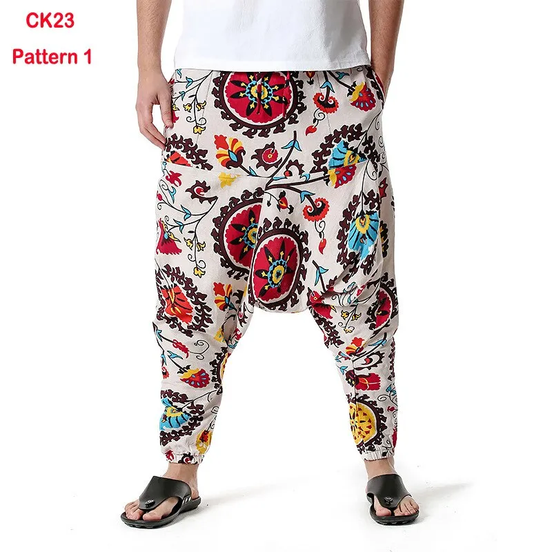 Traditional Nation Print Cotton Linen Joggers for Men yoga Harem Trousers for Men