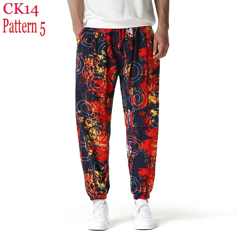 Traditional Nation Print Cotton Linen Joggers for Men yoga Harem Trousers for Men