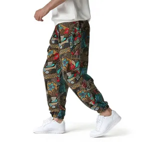 Traditional Nation Print Cotton Linen Joggers for Men yoga Harem Trousers for Men