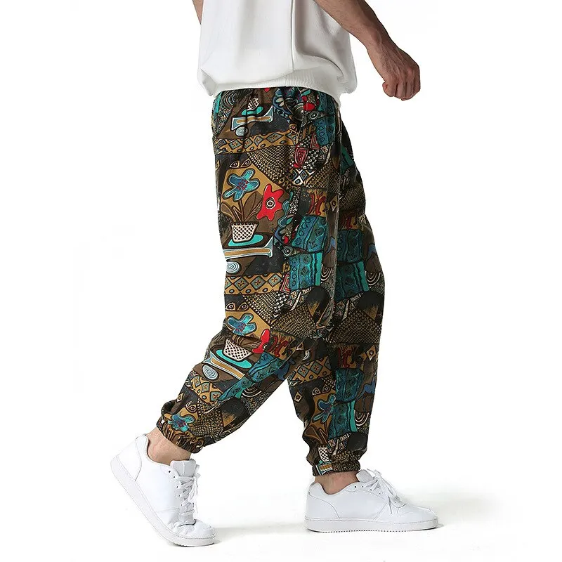 Traditional Nation Print Cotton Linen Joggers for Men yoga Harem Trousers for Men