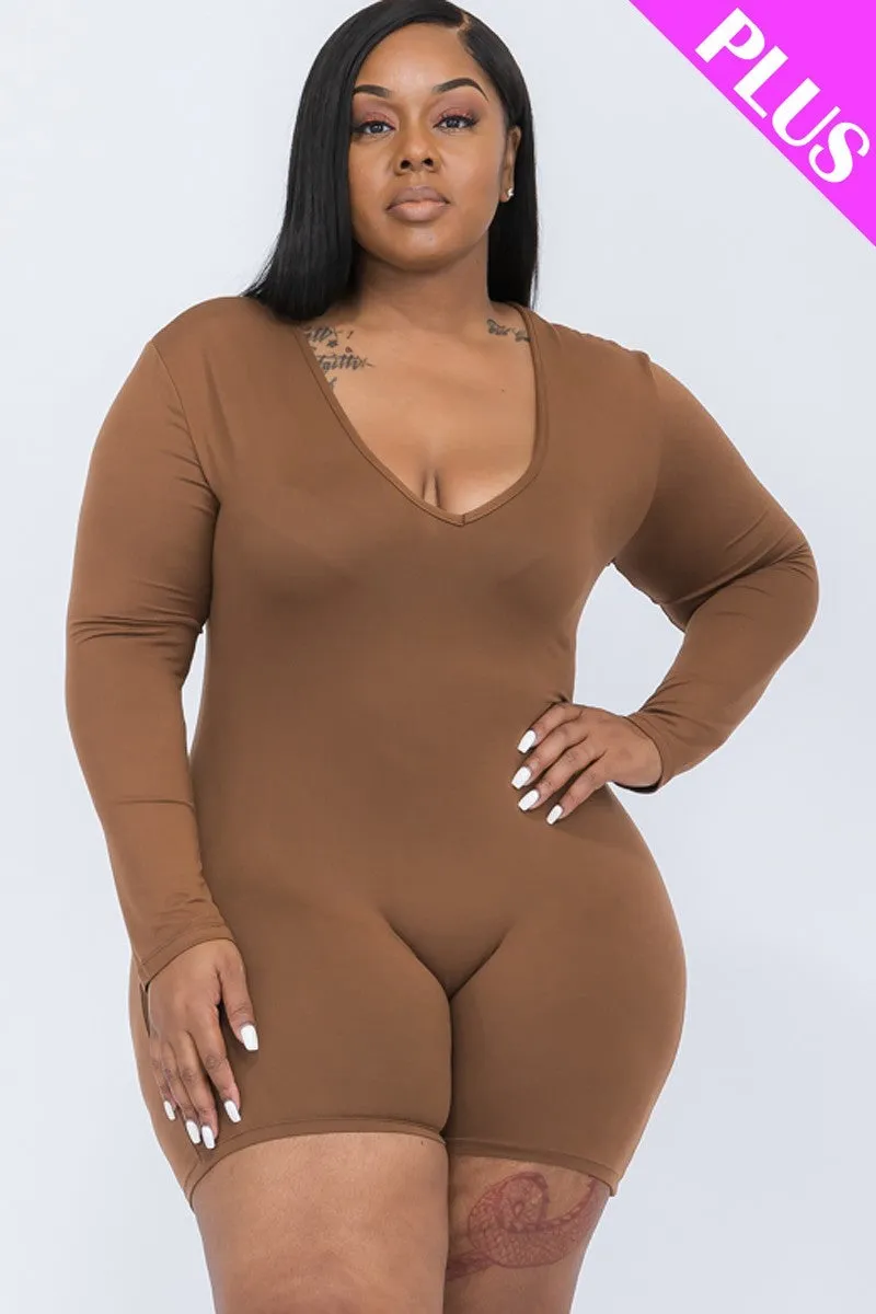 V-neck Long Sleeve Bodycon Romper Voluptuous ( ) Plus Size - Ships from The US