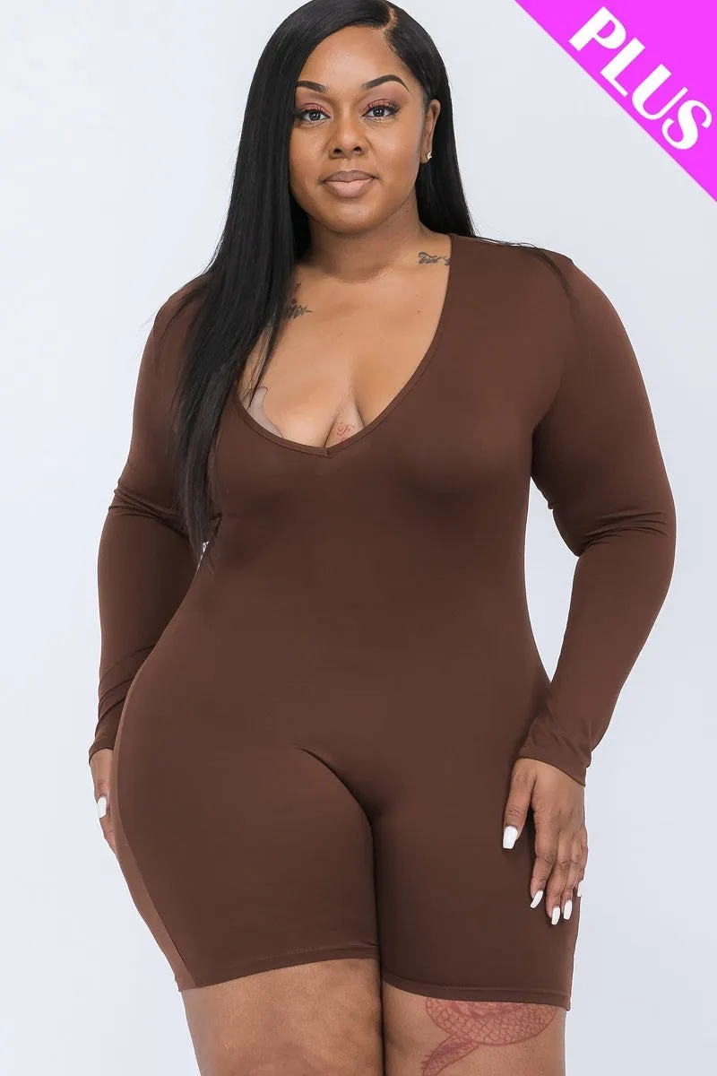 V-neck Long Sleeve Bodycon Romper Voluptuous ( ) Plus Size - Ships from The US