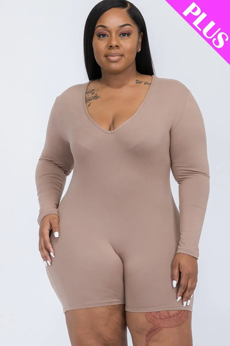 V-neck Long Sleeve Bodycon Romper Voluptuous ( ) Plus Size - Ships from The US