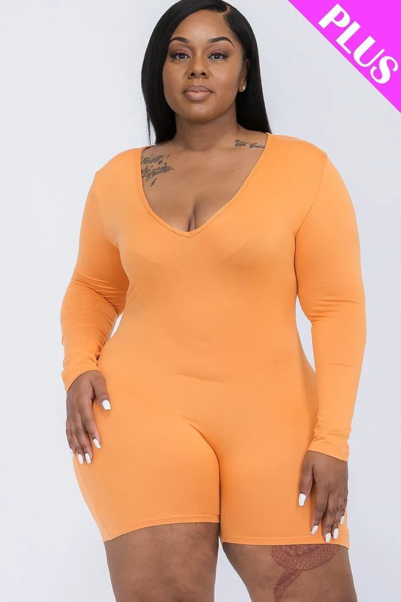 V-neck Long Sleeve Bodycon Romper Voluptuous ( ) Plus Size - Ships from The US