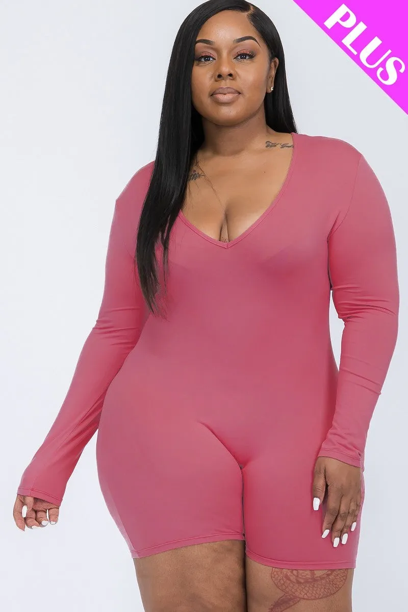 V-neck Long Sleeve Bodycon Romper Voluptuous ( ) Plus Size - Ships from The US