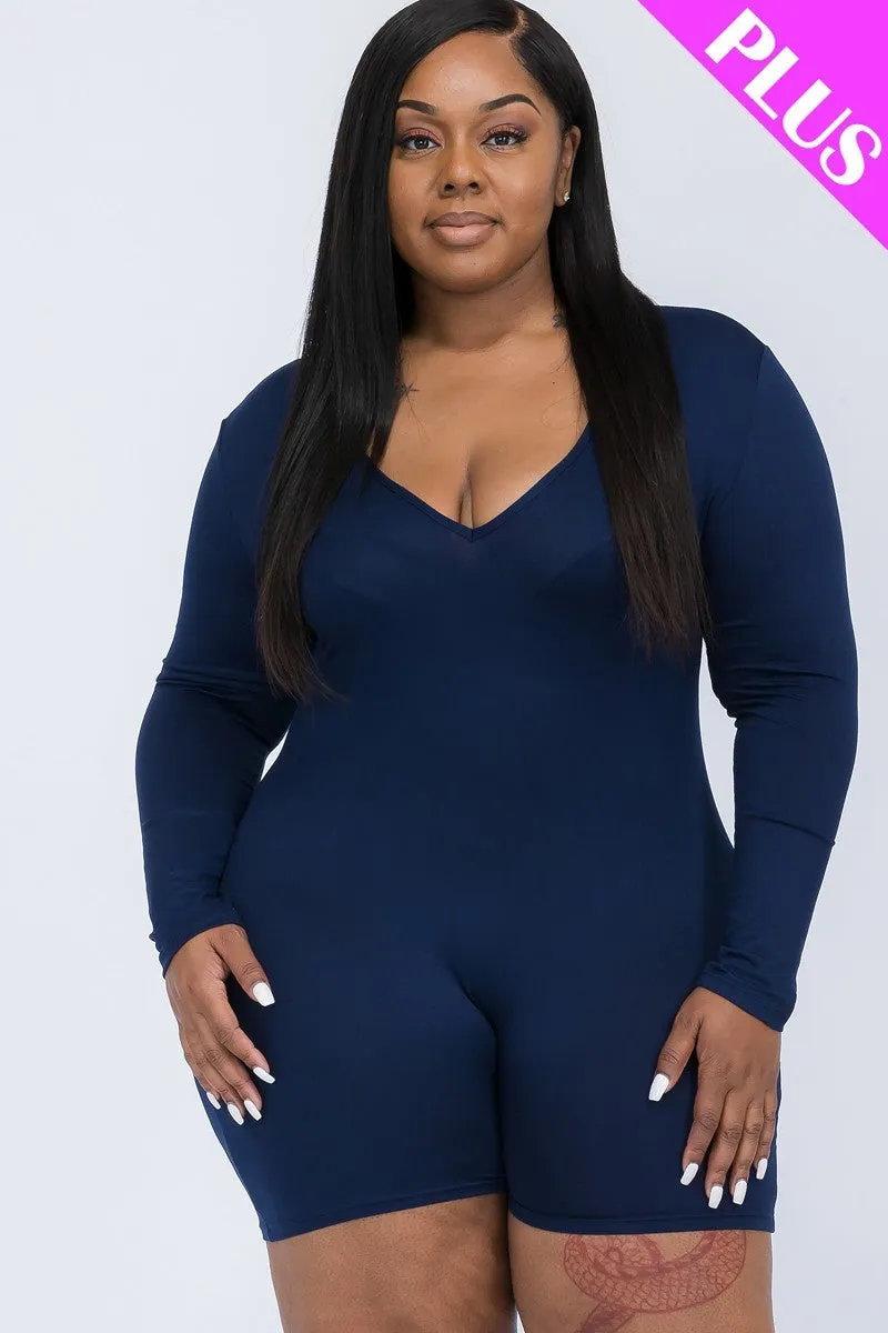 V-neck Long Sleeve Bodycon Romper Voluptuous ( ) Plus Size - Ships from The US