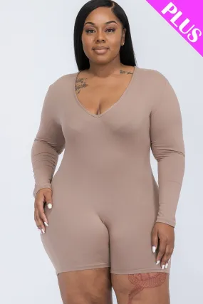 V-neck Long Sleeve Bodycon Romper Voluptuous ( ) Plus Size - Ships from The US