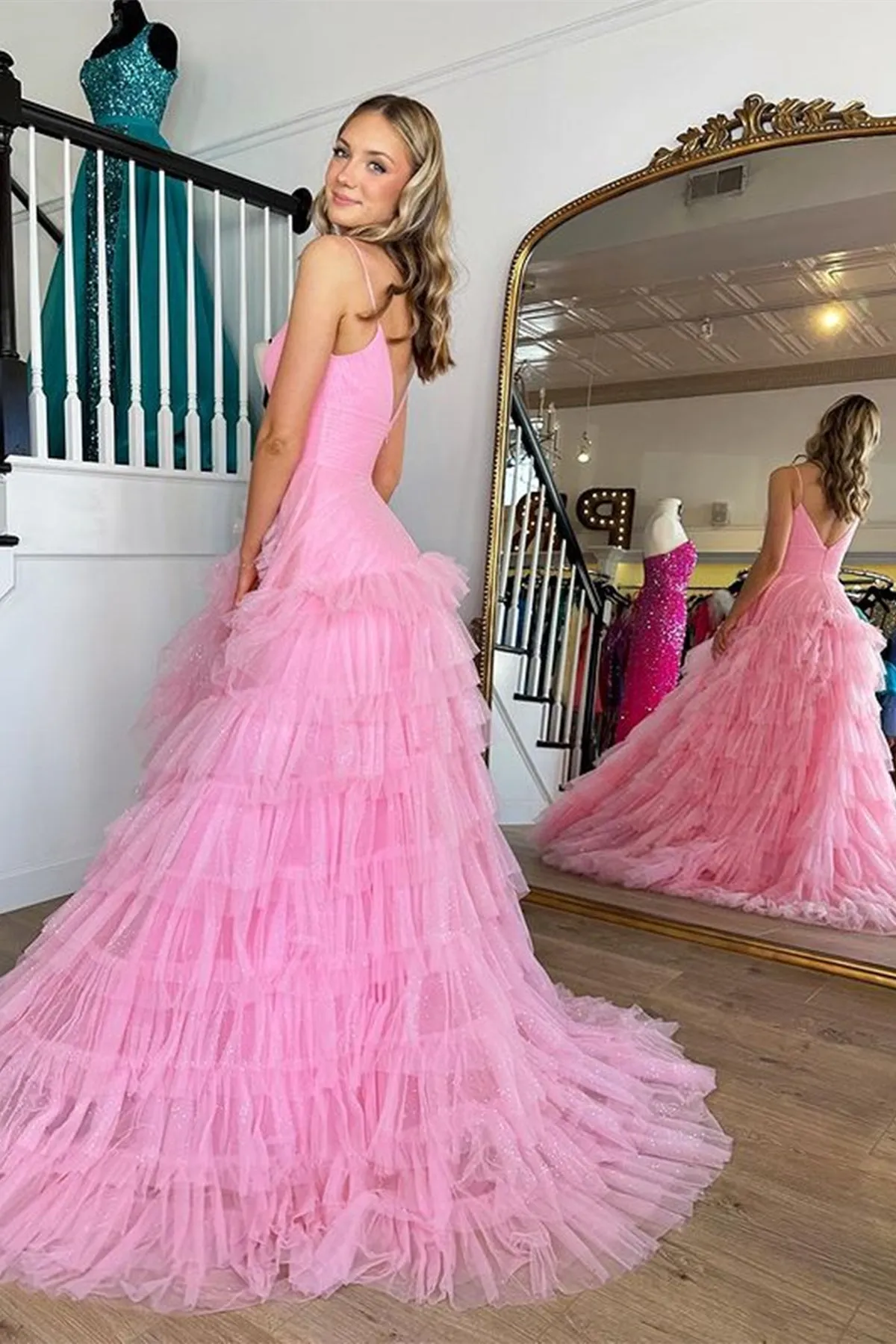 V Neck Open Back Pink Tulle Long Prom Dress, V Neck Pink Formal Dress, Long Pink Evening Dress A1766