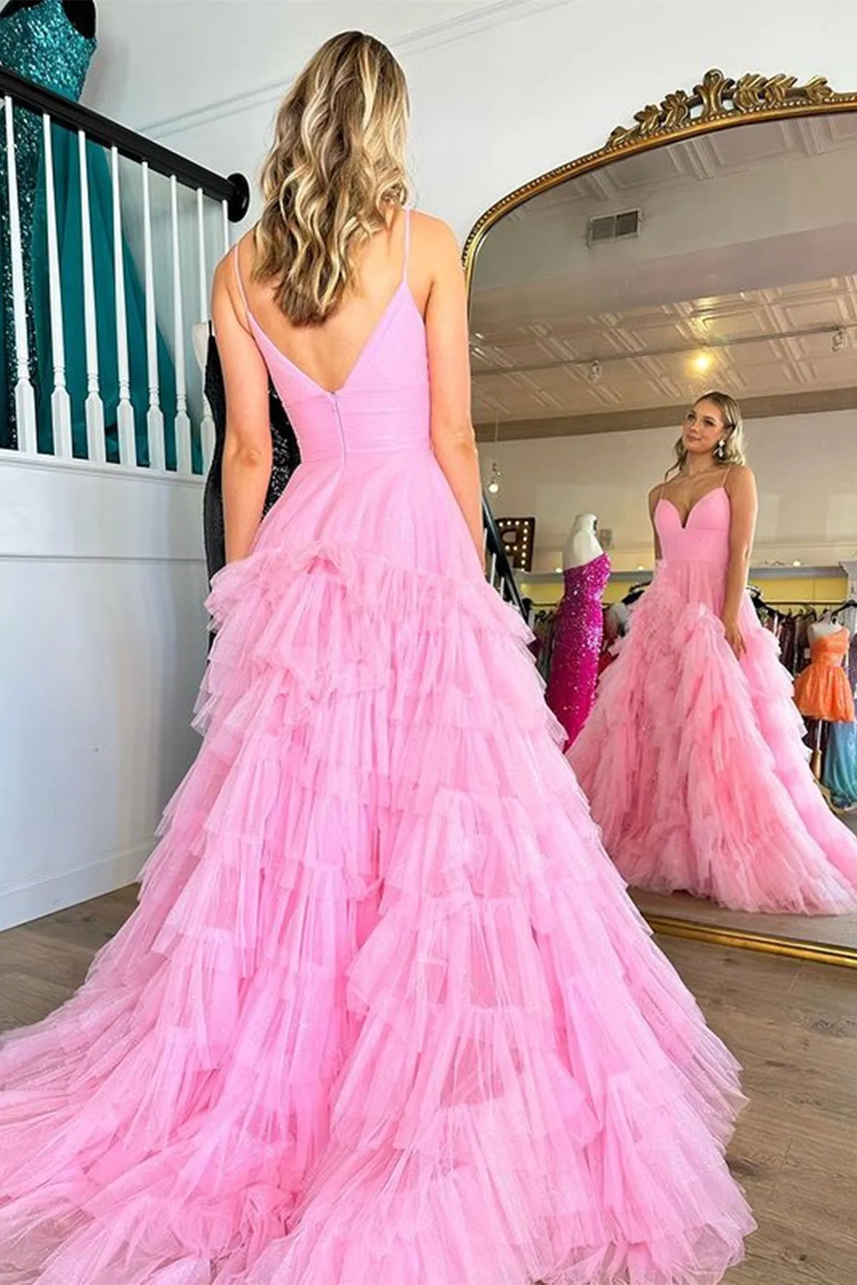 V Neck Open Back Pink Tulle Long Prom Dress, V Neck Pink Formal Dress, Long Pink Evening Dress A1766