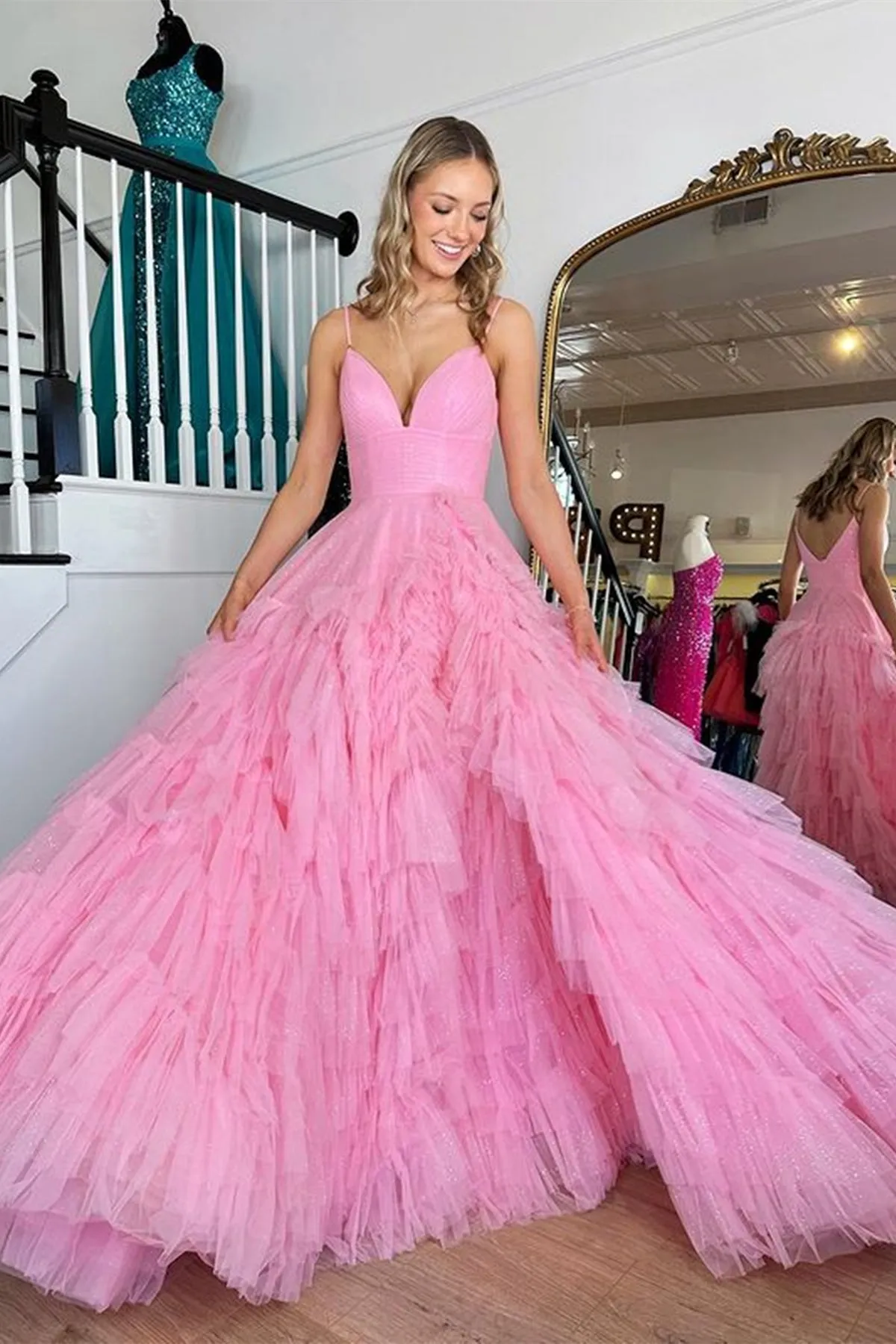 V Neck Open Back Pink Tulle Long Prom Dress, V Neck Pink Formal Dress, Long Pink Evening Dress A1766