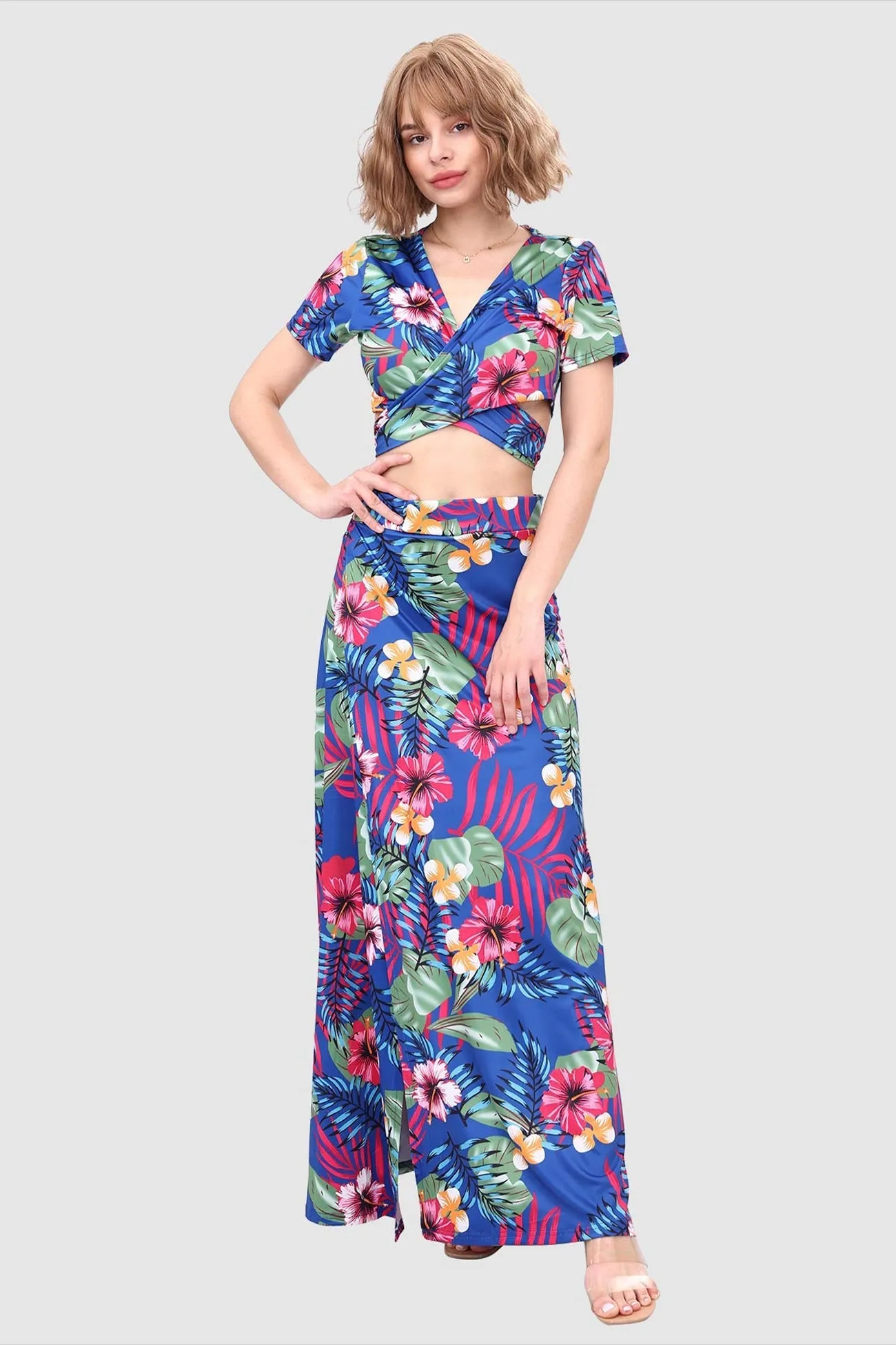 V-neck Tied Back Leaf Print Two-piece Dress