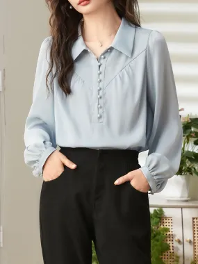 Valeria Casual Lapel Collar Pleated Chiffon Shirt-Blue