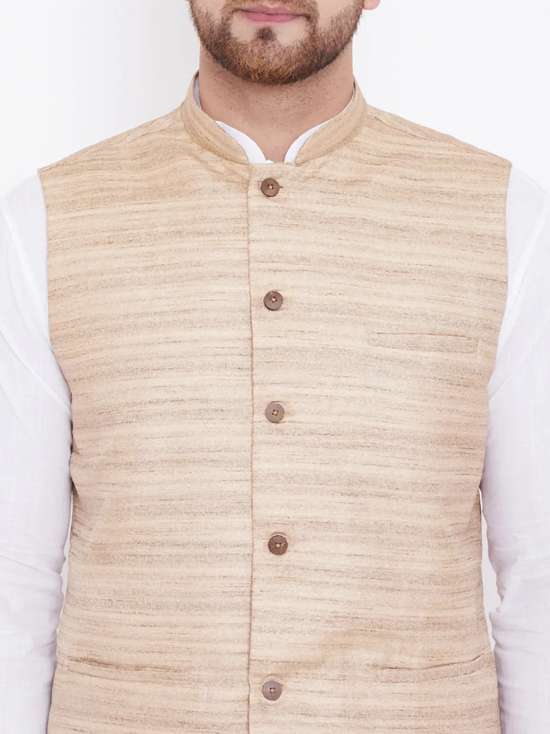 VASTRAMAY Beige Cotton Silk Nehru Jacket & White Kurta Pyjama Baap Beta Set