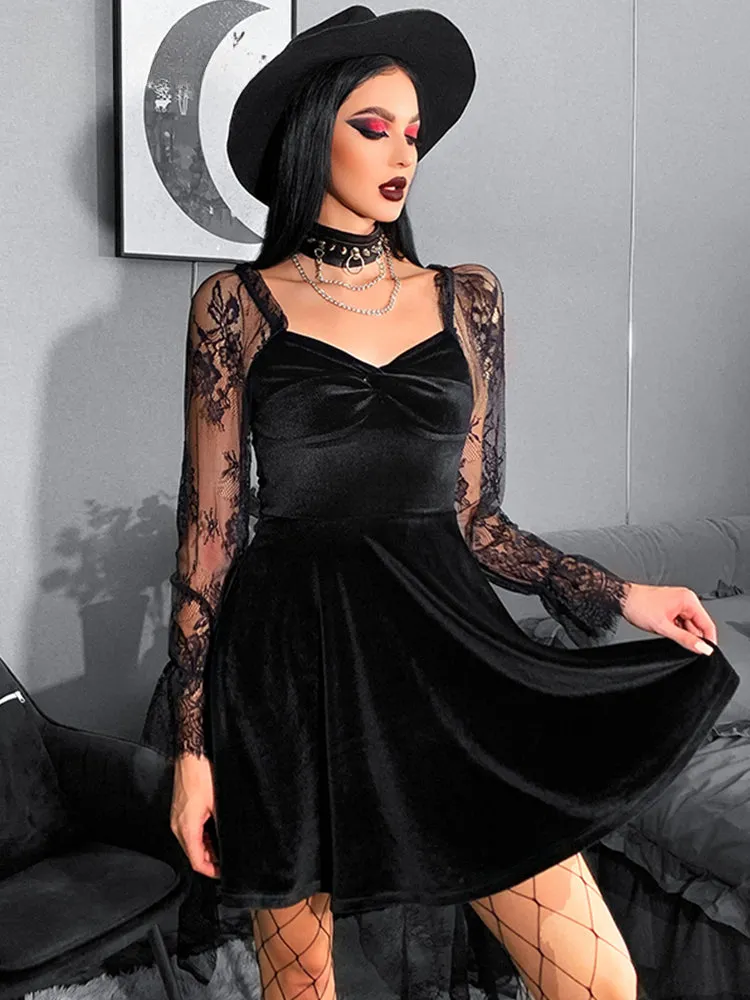 Velvet Retro Goth 50s Backless 40s Sleeve Lantern V Lace Bodycon Twisted Neck Outfit