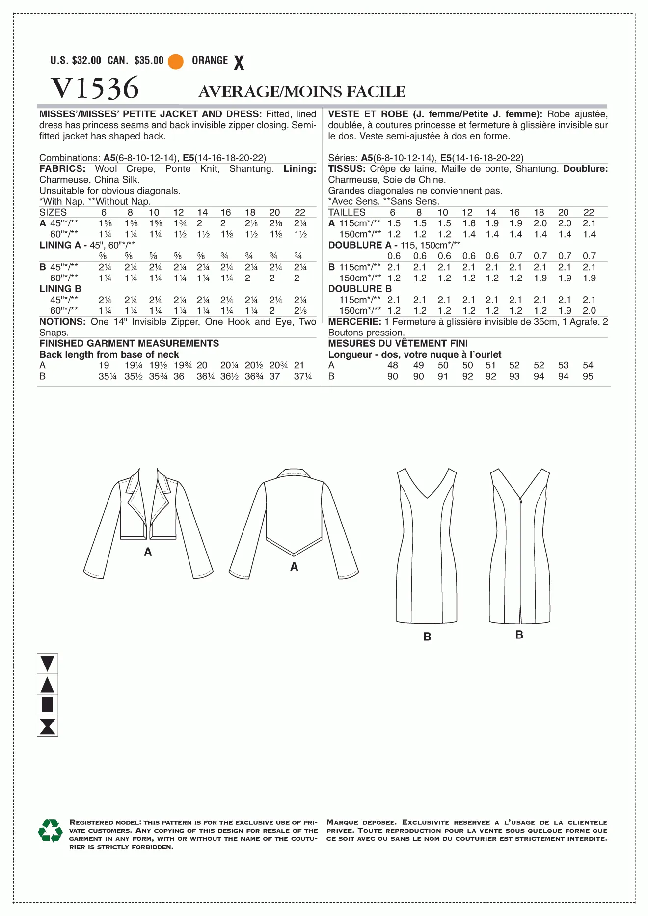 Vogue Pattern V1536 Misses'/Misses' Petite Cropped Jacket and V-Neck, Princess Seam Dress