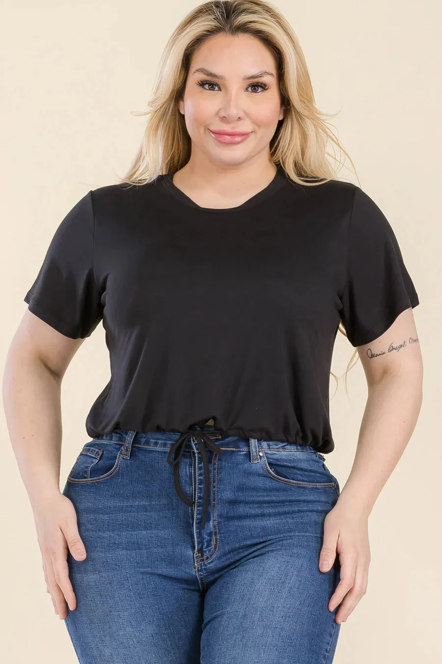 Voluptuous ( ) Plus Size Tie Front Drawstring Short Sleeve Crop Top - Ships from The USA