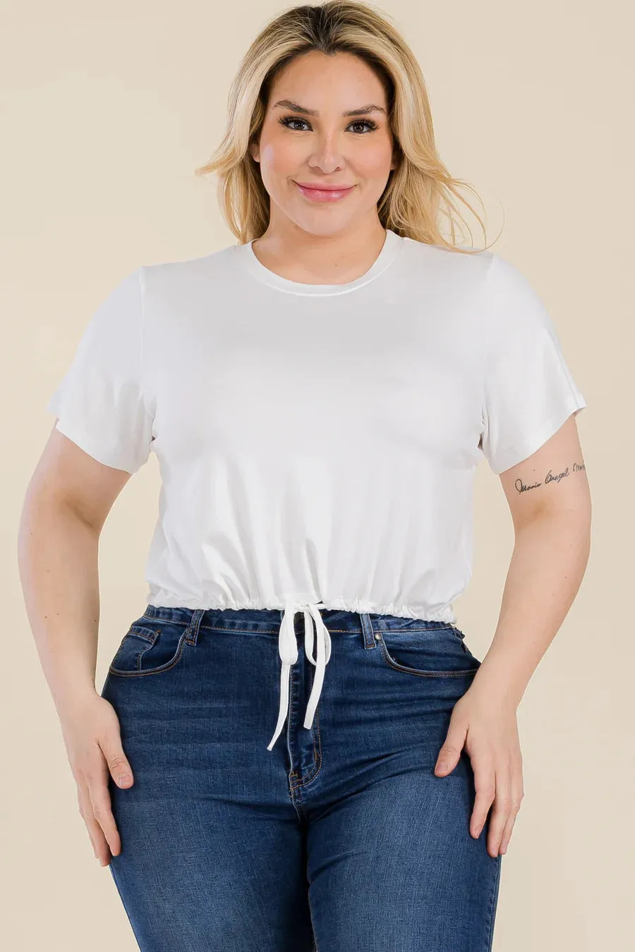 Voluptuous ( ) Plus Size Tie Front Drawstring Short Sleeve Crop Top - Ships from The USA