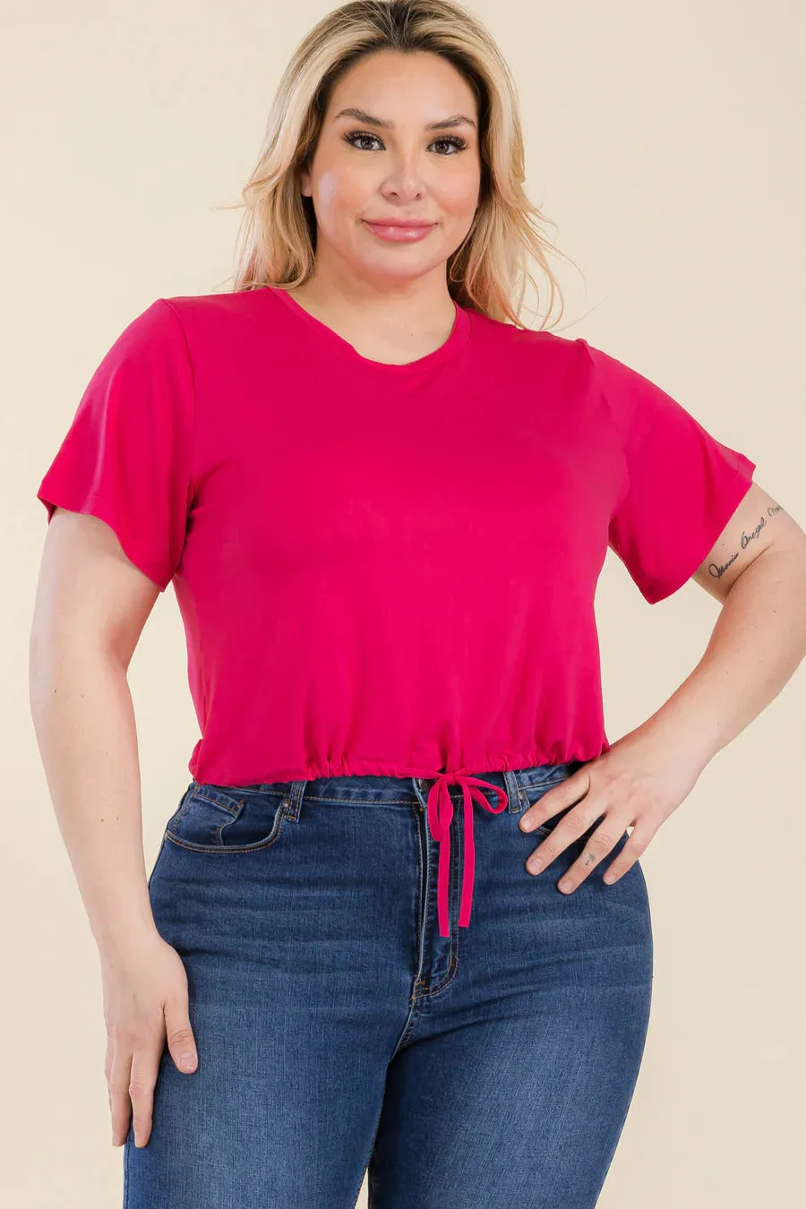 Voluptuous ( ) Plus Size Tie Front Drawstring Short Sleeve Crop Top - Ships from The USA