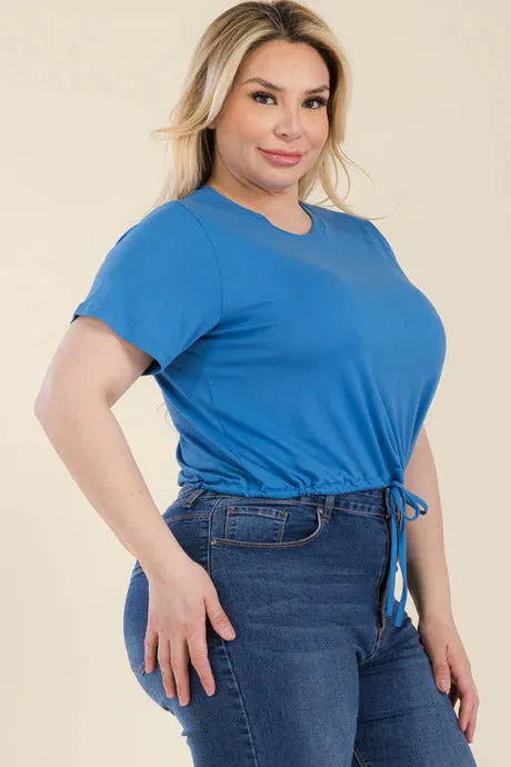 Voluptuous ( ) Plus Size Tie Front Drawstring Short Sleeve Crop Top - Ships from The USA