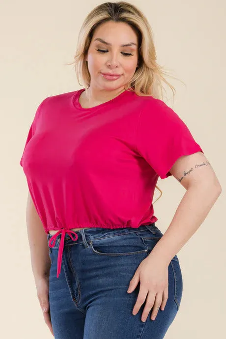 Voluptuous ( ) Plus Size Tie Front Drawstring Short Sleeve Crop Top - Ships from The USA