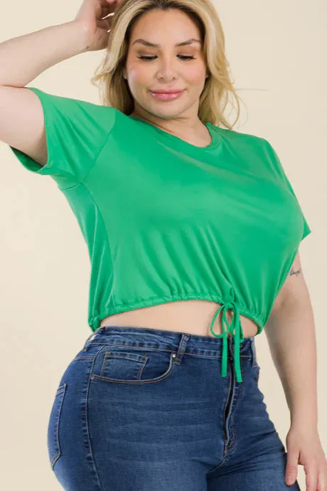 Voluptuous ( ) Plus Size Tie Front Drawstring Short Sleeve Crop Top - Ships from The USA