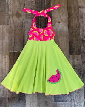 Watermelon Print Pink & Lime Twirl  Dress