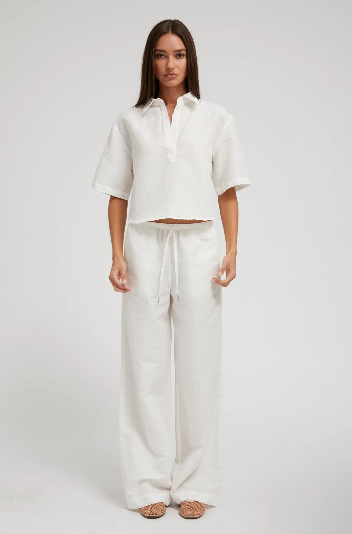 White Linen Cropped Oversized Henley Shirt