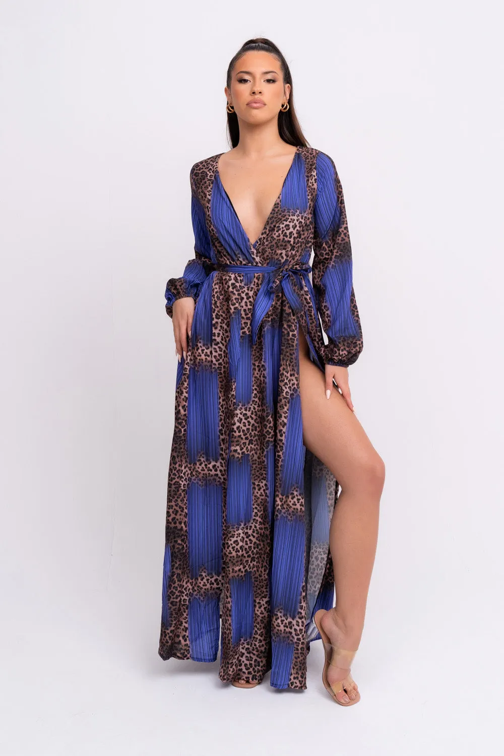 Wild Love Royal Blue & Leopard Print Plunge Long Sleeve Double Slit Maxi Dress