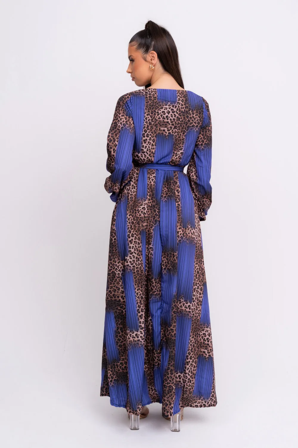 Wild Love Royal Blue & Leopard Print Plunge Long Sleeve Double Slit Maxi Dress