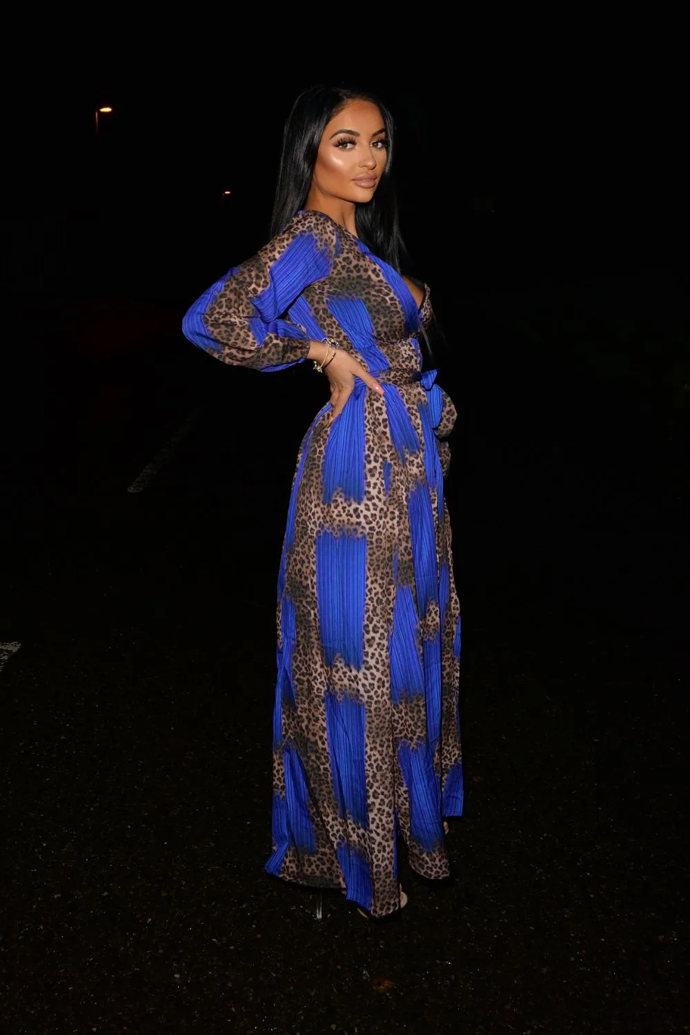 Wild Love Royal Blue & Leopard Print Plunge Long Sleeve Double Slit Maxi Dress