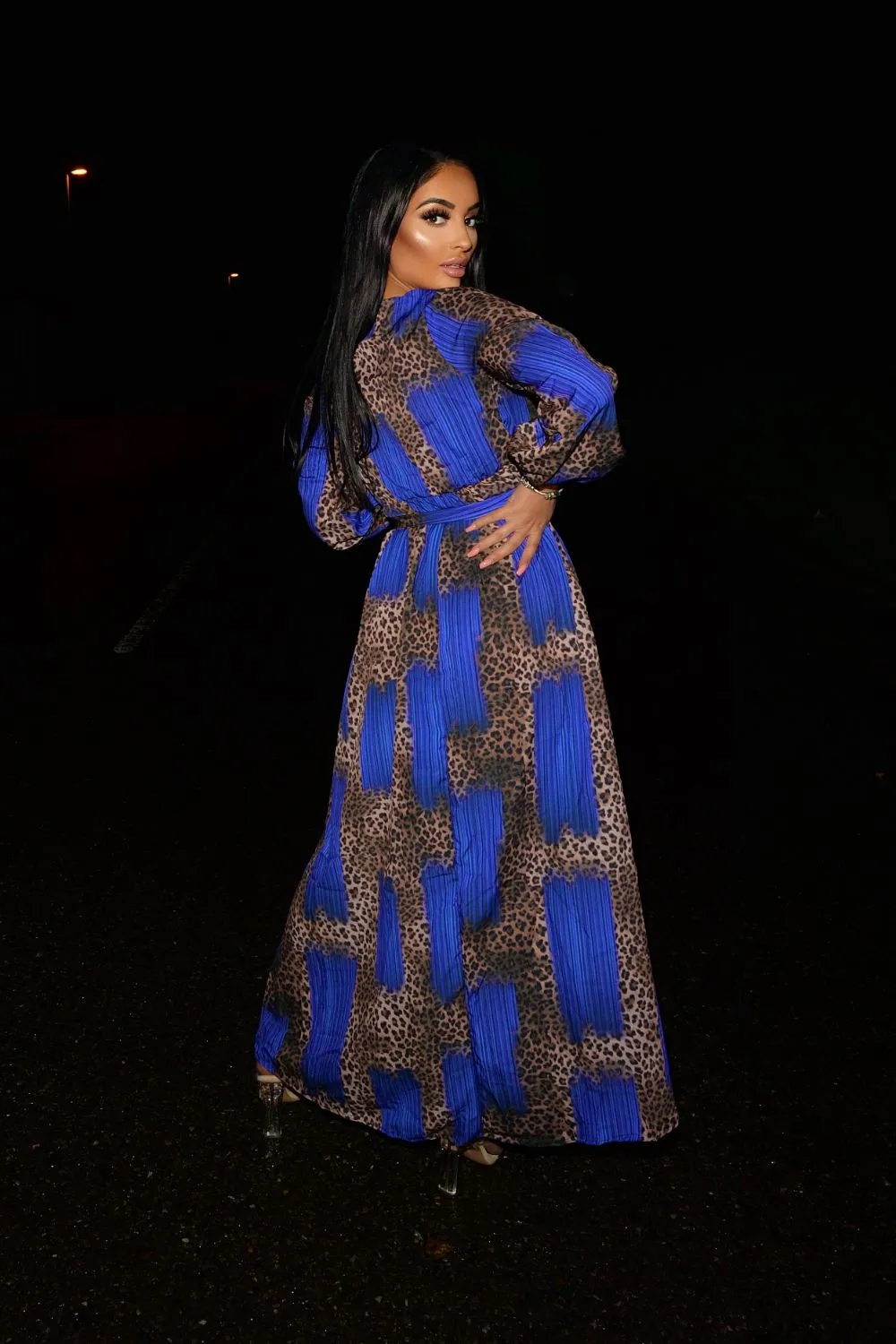 Wild Love Royal Blue & Leopard Print Plunge Long Sleeve Double Slit Maxi Dress