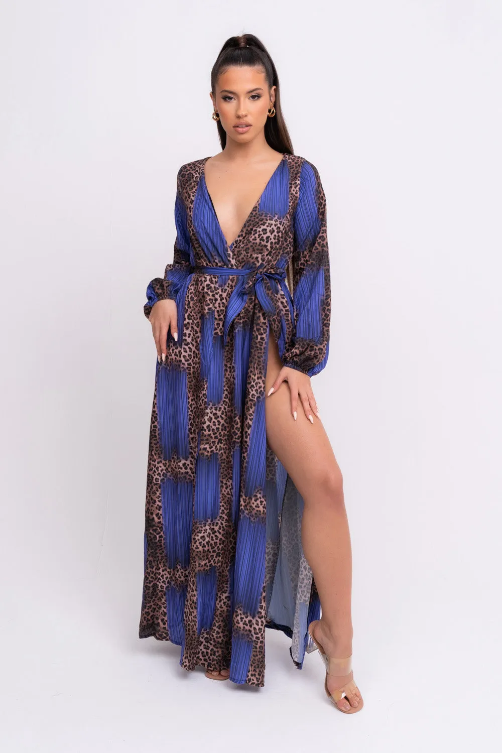 Wild Love Royal Blue & Leopard Print Plunge Long Sleeve Double Slit Maxi Dress