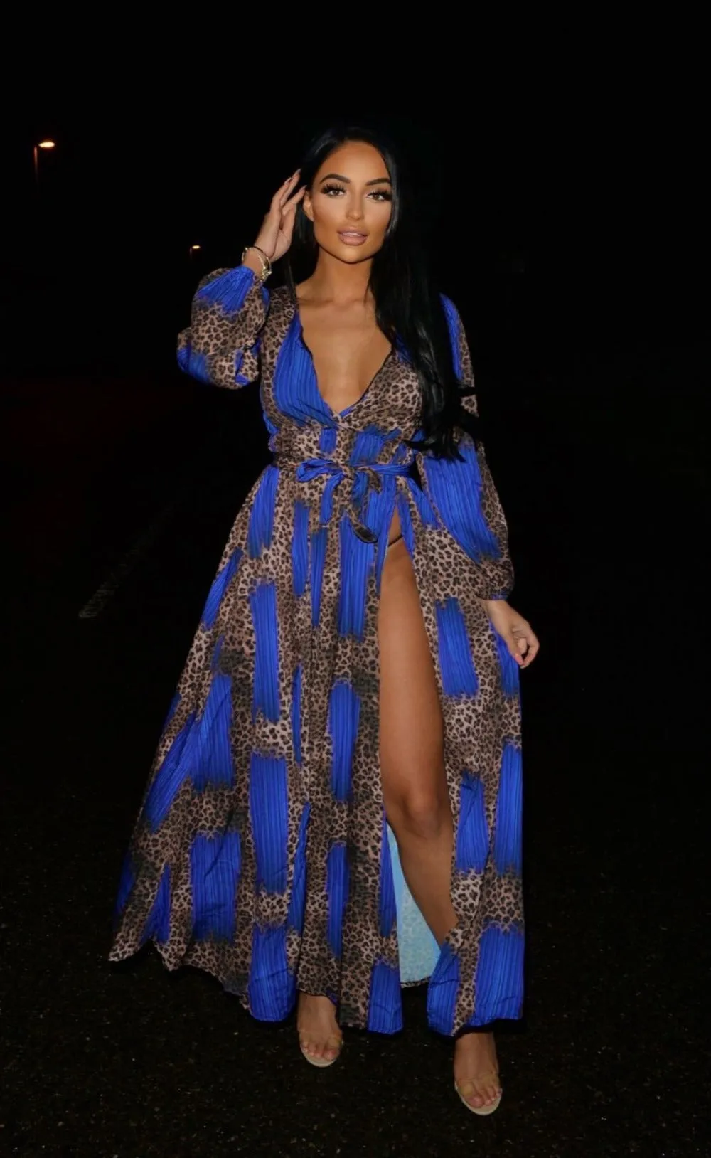 Wild Love Royal Blue & Leopard Print Plunge Long Sleeve Double Slit Maxi Dress