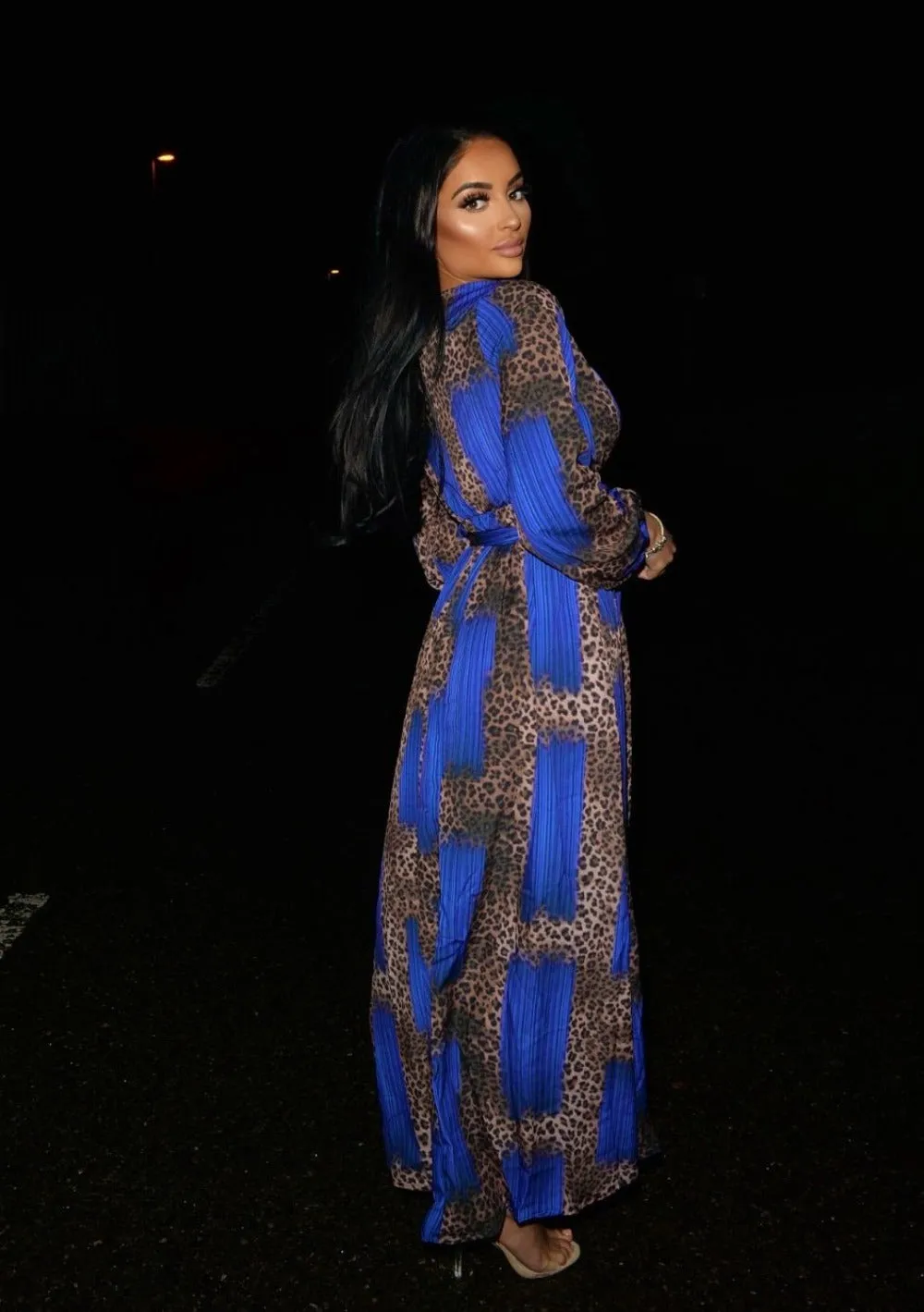 Wild Love Royal Blue & Leopard Print Plunge Long Sleeve Double Slit Maxi Dress