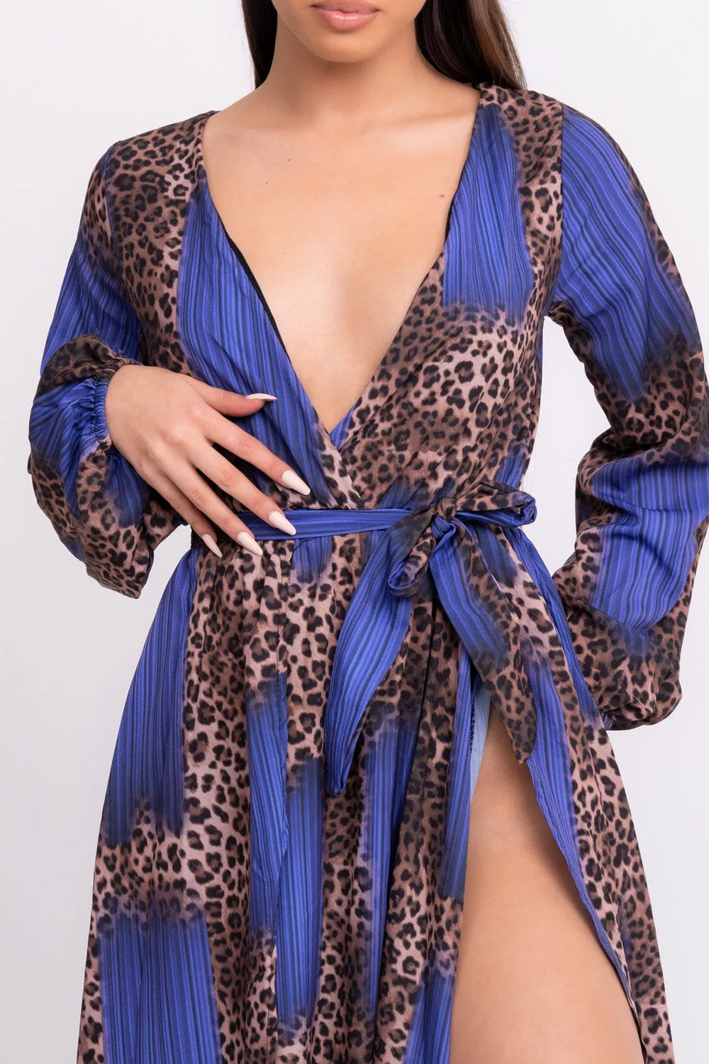 Wild Love Royal Blue & Leopard Print Plunge Long Sleeve Double Slit Maxi Dress