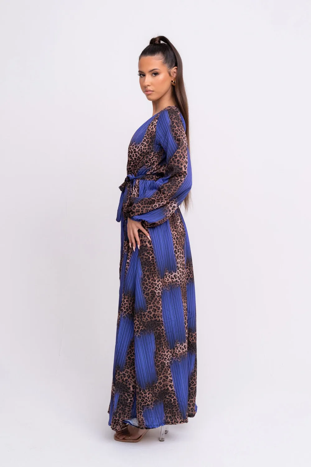 Wild Love Royal Blue & Leopard Print Plunge Long Sleeve Double Slit Maxi Dress